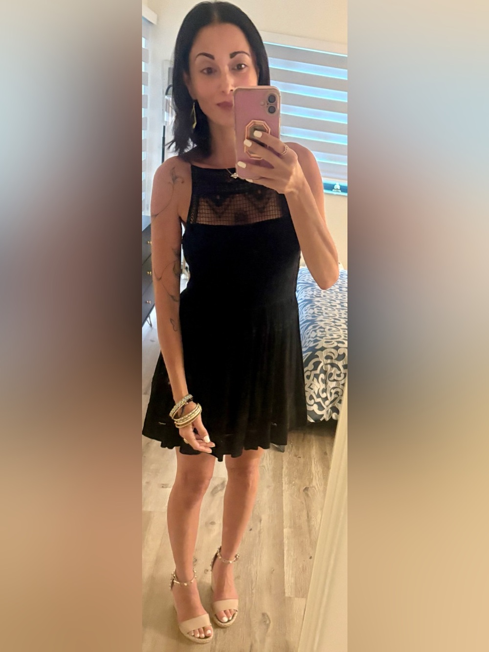 Free People Black Lace Mesh Fit & Flare Mini Dress XS Boho